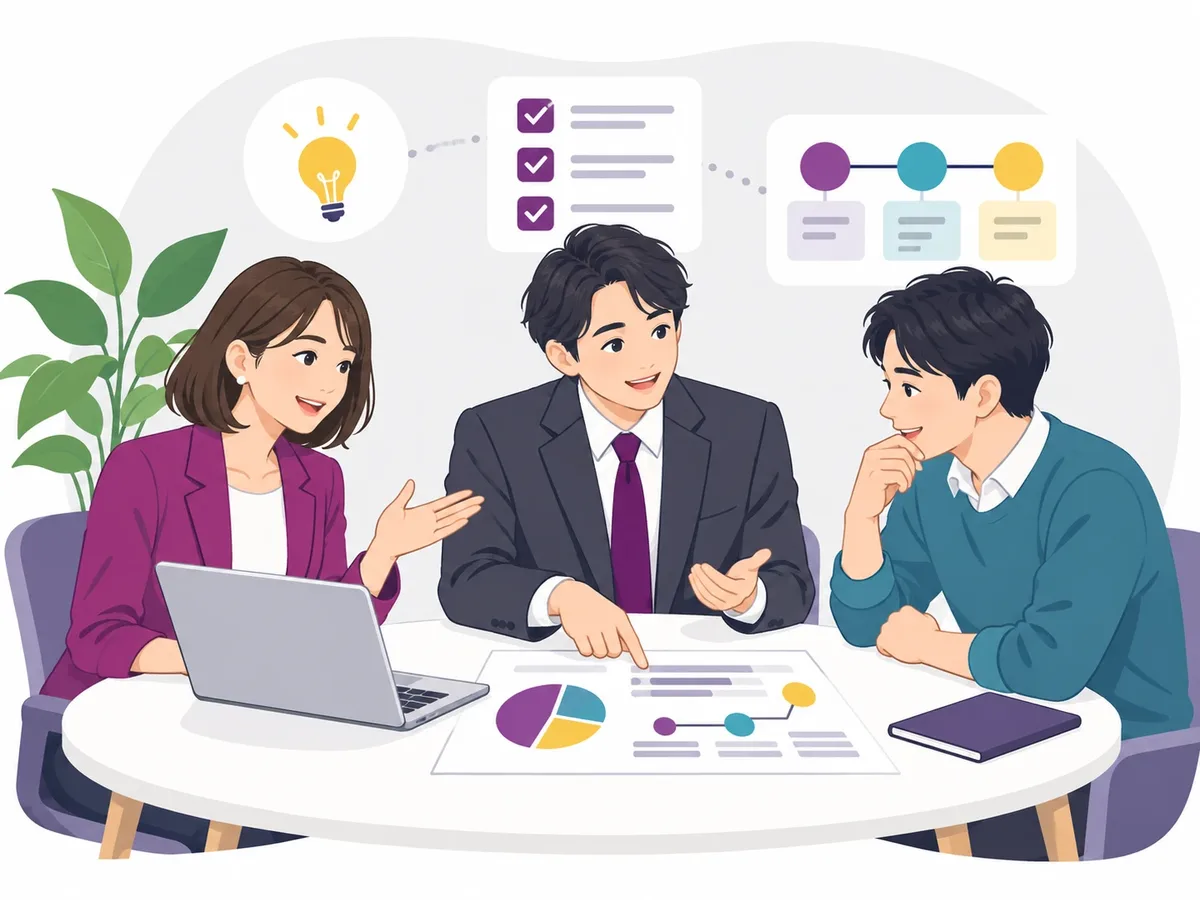 お客さまと専門スタッフが、課題や進め方を話し合っているイラスト