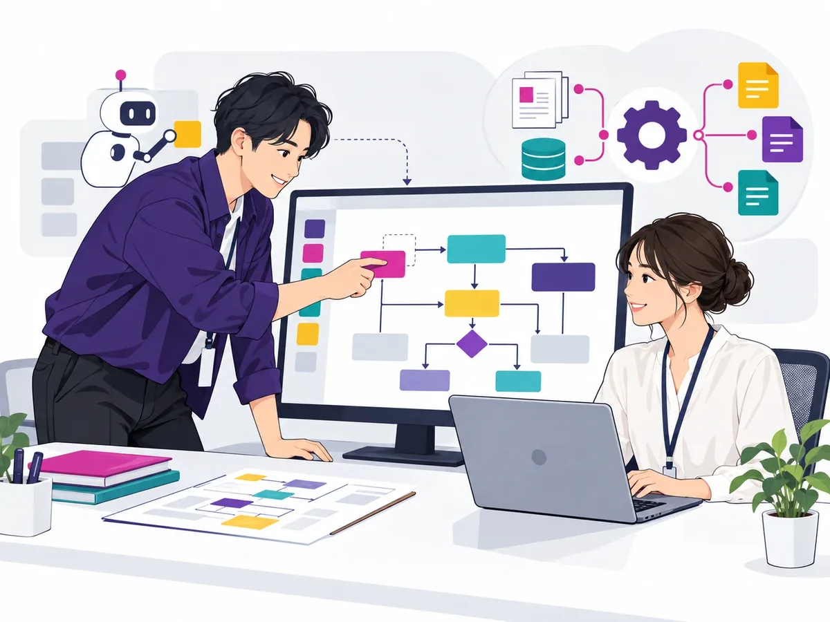 業務の流れを図にしながら、システムを作っているイラスト