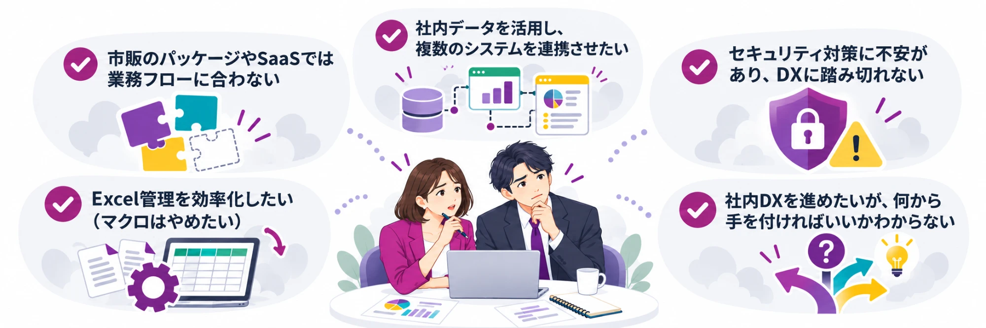 DXのお悩みの例：市販のパッケージやSaaSでは業務フローに合わない／社内データを活用し、複数のシステムを連携させたい／セキュリティ対策に不安があり、DXに踏み切れない／Excel管理を効率化したい（マクロはやめたい）／社内DXを進めたいが、何から手を付ければいいかわからない